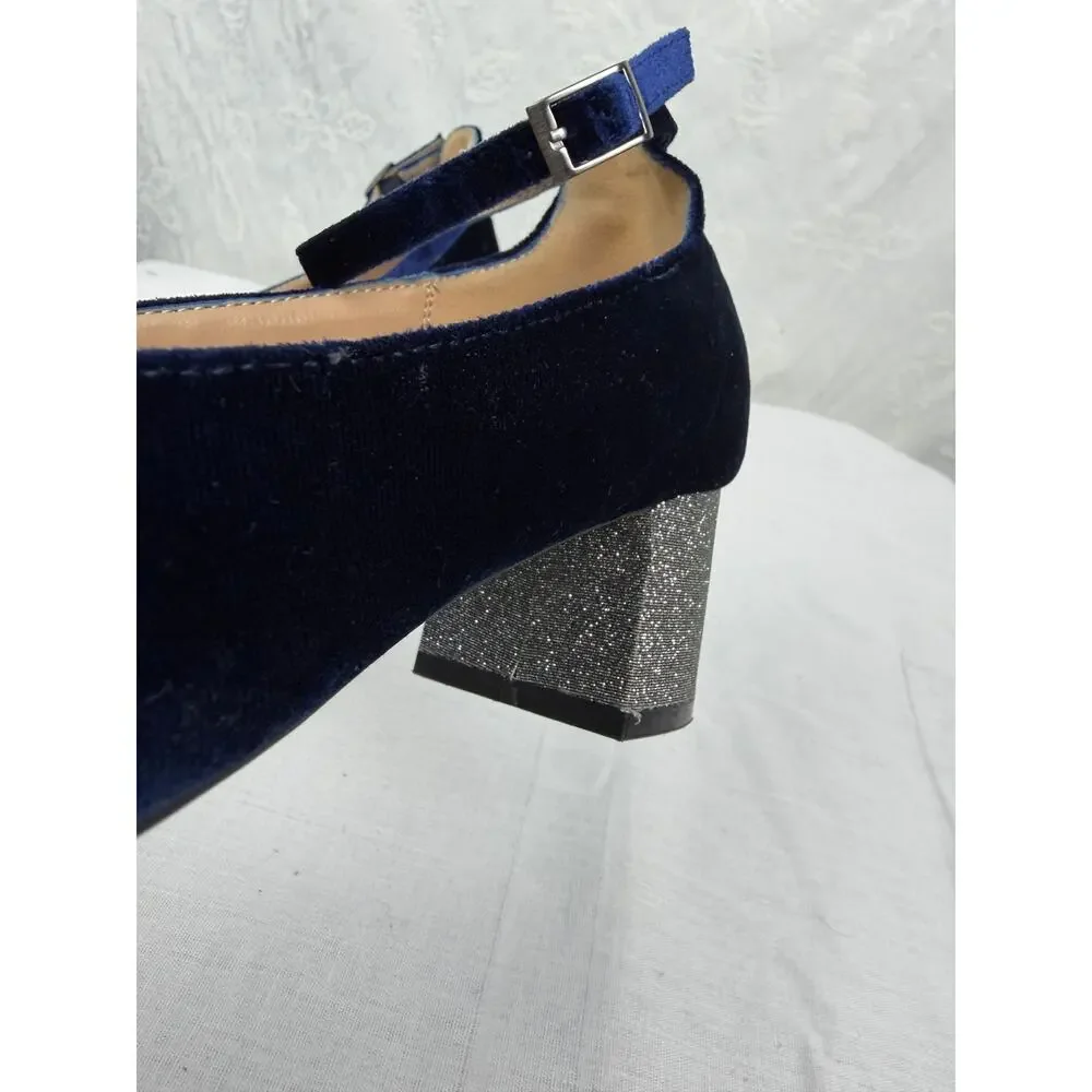 Andrew Geller Navy Velvet Mary Jane Pumps Sparkle Block Heel Size 8.5